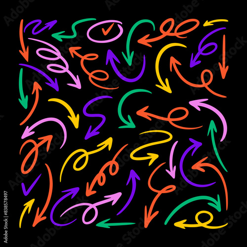 Arrows vector icons set. Hand drawn freehand different curved lines, swirls arrows. Doodle marker drawing, Direction pointers. Scribbles and scratches. © Royokta