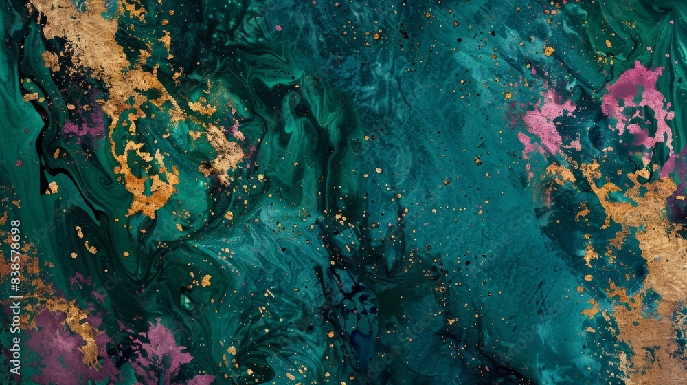 Fototapeta premium Thin s of emerald and sapphire hues intertwine with splashes of magenta and gold creating a stunningly intricate texture