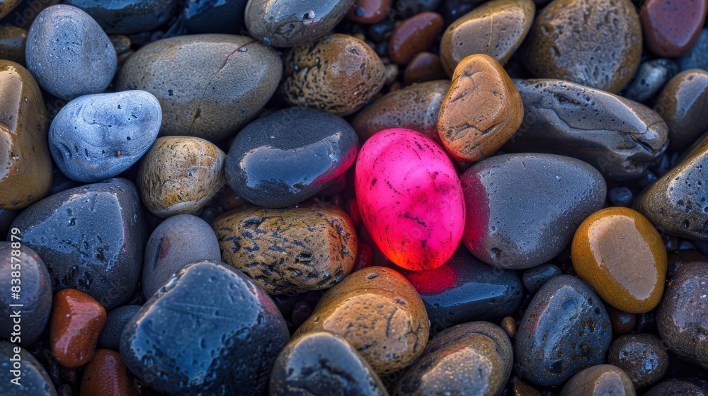 A larger ovalshaped pebble emits a vibrant pink phosphorescent glow standing out a the other more muted colored pebbles A larger ovalshaped pebble emits a vibrant pink phosphorescent glow standing out a the other more muted colored pebbles