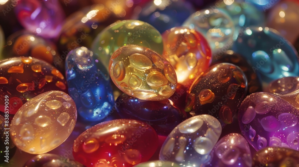 A collection of luminescent jelly beans each one featuring a uniquely textured surface from smooth and glossy to rough and speckled A collection of luminescent jelly beans each one featuring a uniquely textured surface from smooth and glossy to rough and speckled