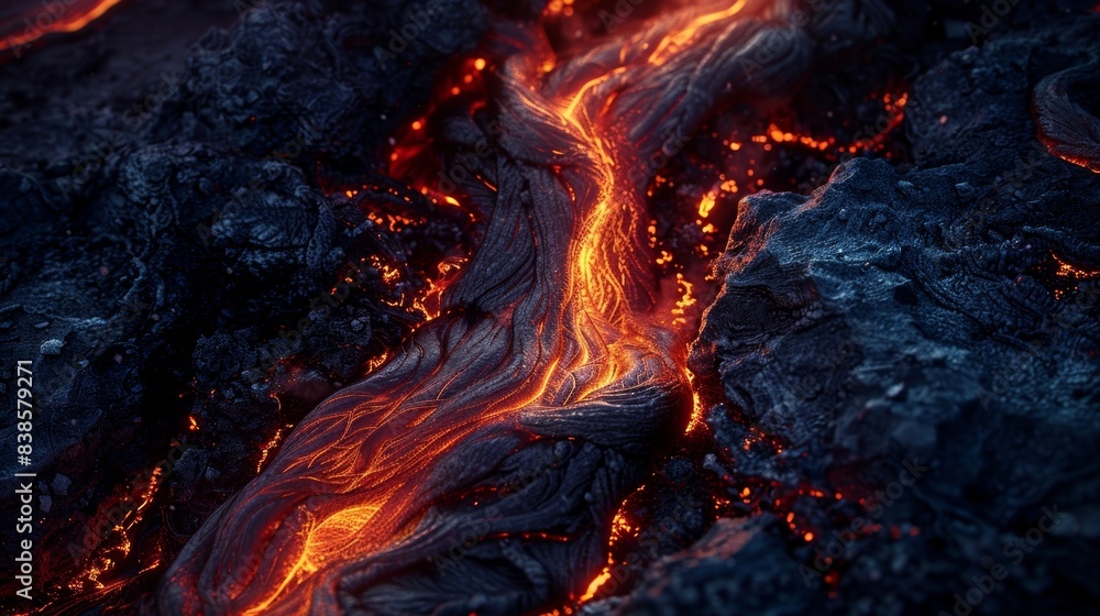 The intense almost blinding brightness of liquid lava spilling over a dark crevice casting an eerie glow on everything it touches The intense almost blinding brightness of liquid lava spilling over a dark crevice casting an eerie glow on everything it touches