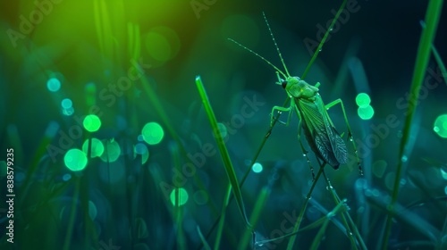 The electric green glow of a minuscule insect perched on a blade of grass near the edge of the bioluminescent lake casting a magical aura around it