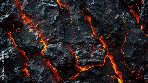 A closeup of a rock face slowly being consumed by creeping lava creating a stark contrast between the cool rough surface and the searing hot molten flow