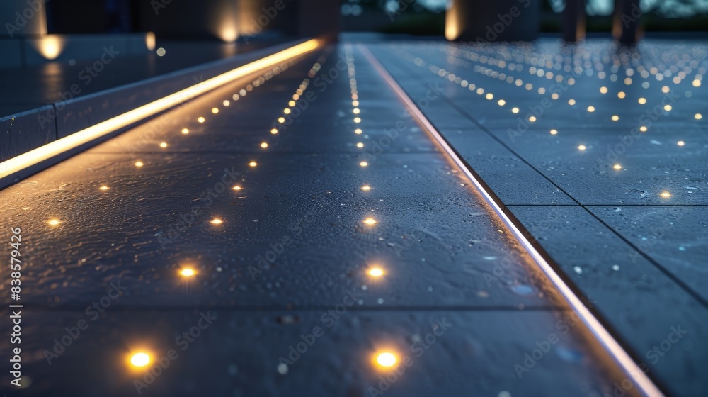 A detailed view of a smooth LEDlit pathway with the bright lights reflecting off the polished surface