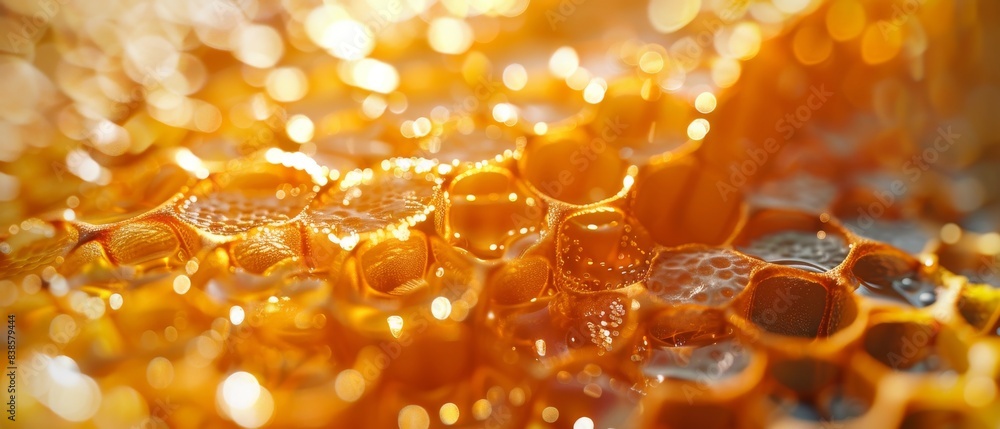 Close-up of diligent bees at work on honey cells. A honeybee working on a honeycomb, with a warm golden light enhancing the intricate details. Close-up of diligent bees at work on honey cells. A honeybee working on a honeycomb, with a warm golden light enhancing the intricate details.