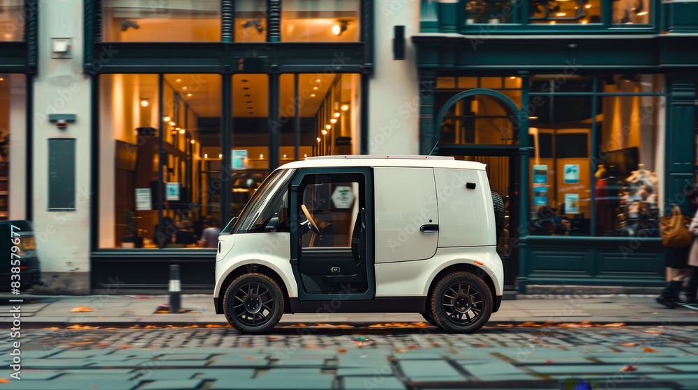 Fototapeta premium White modern electric delivery car on the street in city