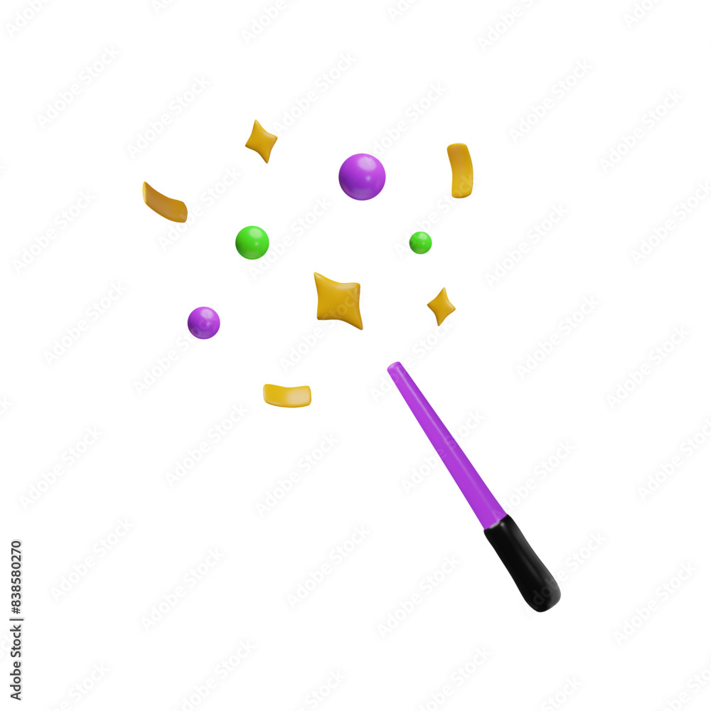 3D vector illustration magician's accessories, includes a magic wand of candy and stars 3D vector illustration magician's accessories, includes a magic wand of candy and stars