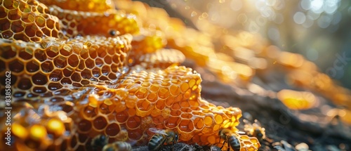 Close-up of diligent bees at work on honey cells. A honeybee working on a honeycomb, with a warm golden light enhancing the intricate details. photo