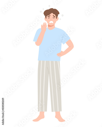 Young man in pajamas yawning with a sleepy face because waking up early at morning, or man sleepy at night. Concept of bedtime, morning wake up, drowsy. Flat vector illustration character.