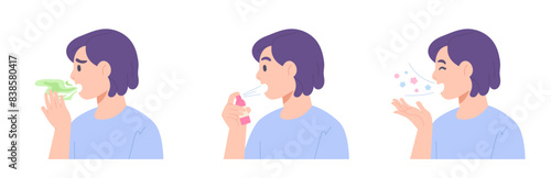 Female has bad breath and then uses mouth spray for good breath. Concept of fresh breathing spray, sore throat infection treatment, tonsillitis, hygiene, refresh breathing. Flat vector illustration.