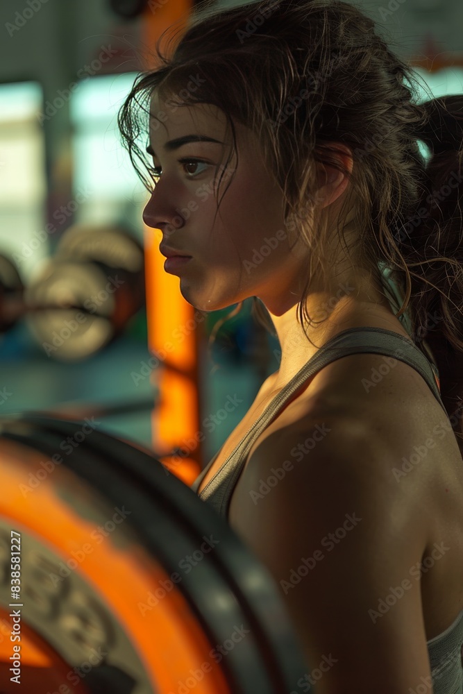A woman training with weights in a weight training gym A woman training with weights in a weight training gym