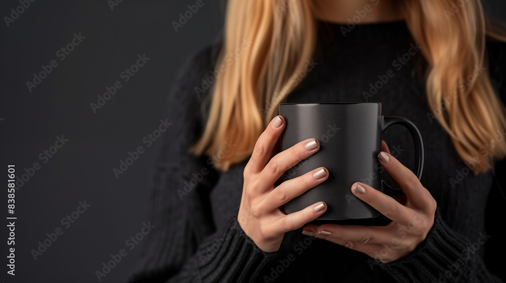 Beautiful Woman Holding a Black Mug in a Minimalist Setting Beautiful Woman Holding a Black Mug in a Minimalist Setting