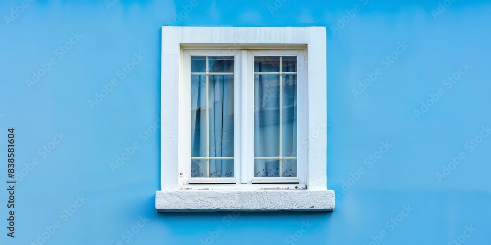 Fototapeta premium Empty Light Blue Painted Wall with White Window, llustration for cover, card, postcard, interior design, banner, poster, brochure or presentation - AI Generated