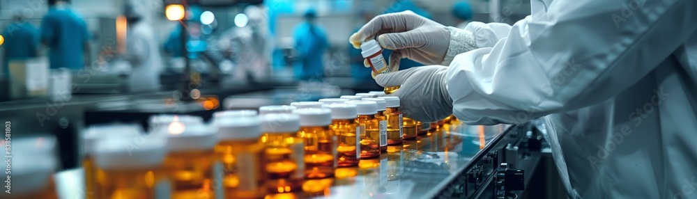 Fototapeta premium Production line conveyor belt Pharmacist scientist with sanitary gloves examining medical vials.