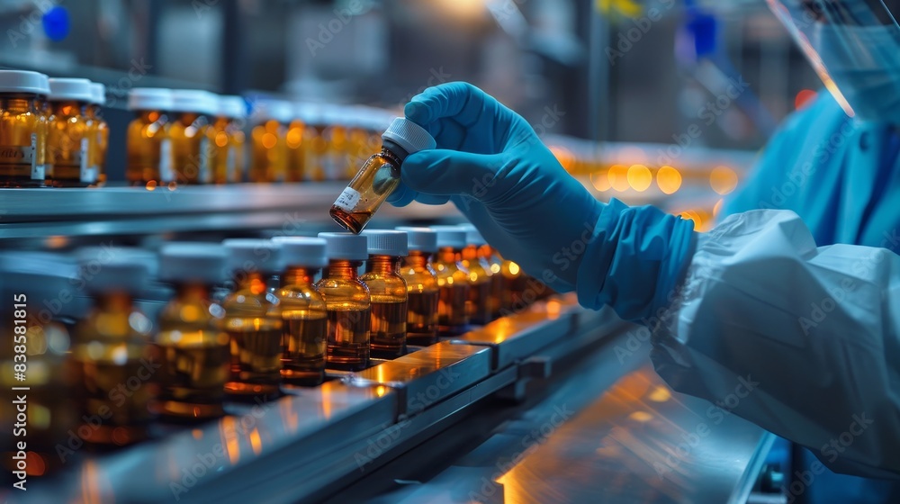 Production line conveyor belt Pharmacist scientist with sanitary gloves examining medical vials. Production line conveyor belt Pharmacist scientist with sanitary gloves examining medical vials.