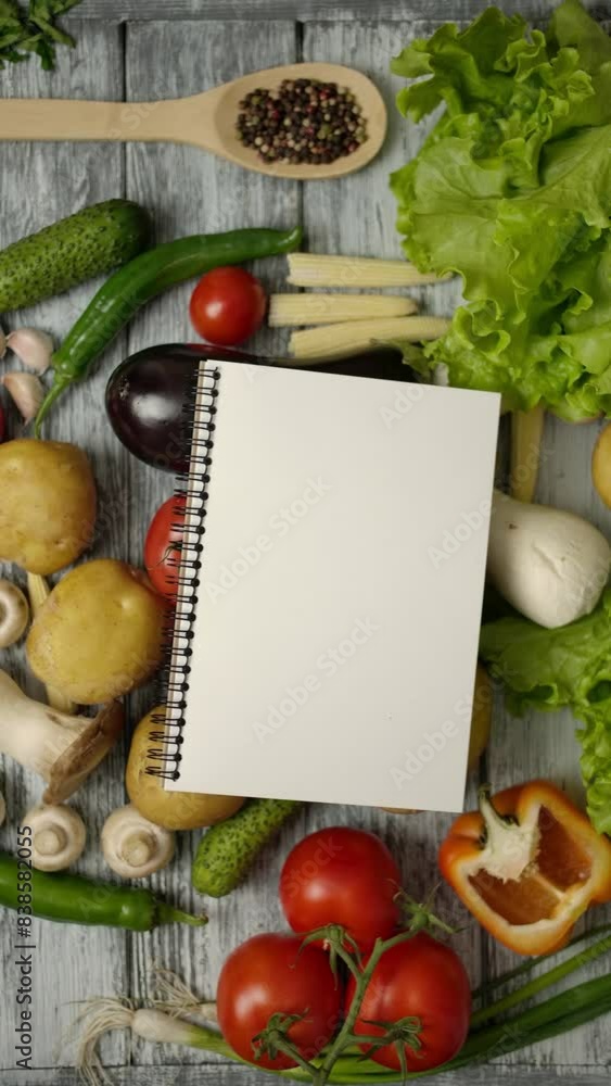 Top view slow motion of recipe cooking book with white blank page thrown on wooden counter with vegetarian food, such as vegetable ingredients and spices. Easy to place Your reciepe on a blank paper Top view slow motion of recipe cooking book with white blank page thrown on wooden counter with vegetarian food, such as vegetable ingredients and spices. Easy to place Your reciepe on a blank paper