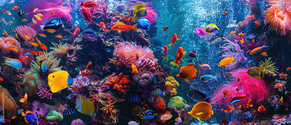 Large tropical saltwater fish tank colorful variety of fish and beautiful corals reef with vast underwater landscape Large tropical saltwater fish tank colorful variety of fish and beautiful corals reef with vast underwater landscape