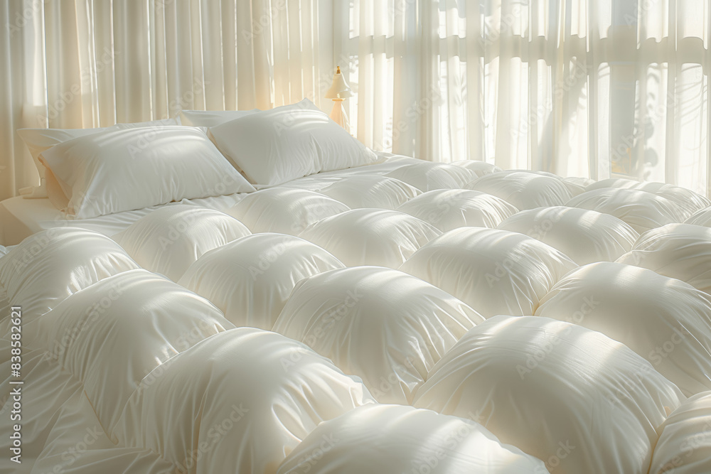 Fototapeta premium A freshly made bed with crisp, clean sheets. Concept of sleep and comfort. Generative Ai.