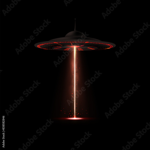 Realistic alien spaceship, UFO with red vertical beam light, smoke and particles vector flying unidentified round saucer