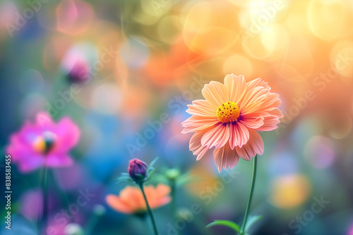 Close-up of a single orange flower in a field of other flowers in summer. Copy space. Wallpaper  macro.