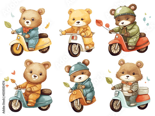 Set of cute cartoon baby bear doll animals riding racing on motorbike vector illustration