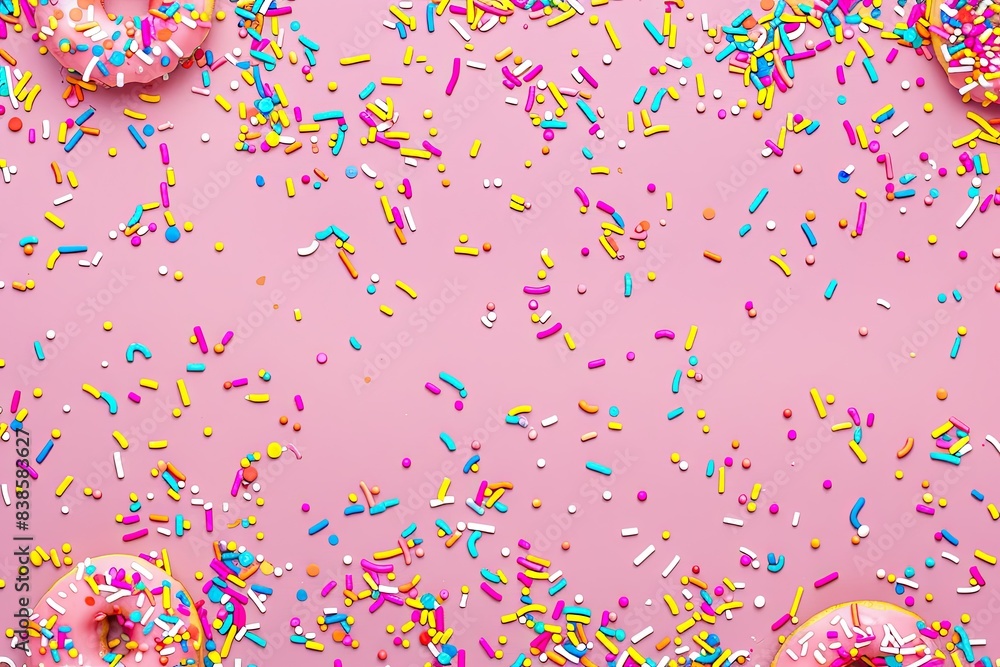 Pink background with colorful sweets. Birthday card image.