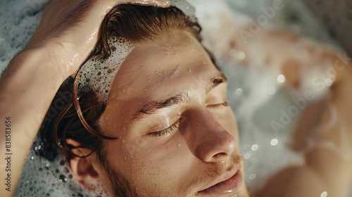 Young man basks in the sunlight and relaxes while surrounded by bubbles