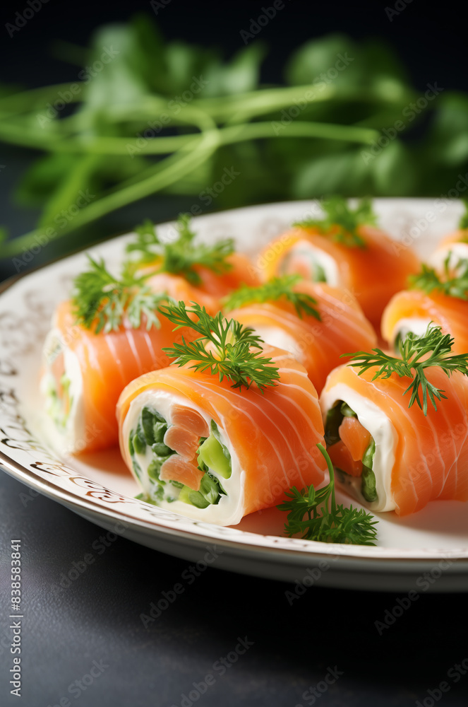 A close-up view of appetizing smoked salmon pinwheels garnished with fresh herbs on an elegant plate in a bright and airy kitchen setting. A close-up view of appetizing smoked salmon pinwheels garnished with fresh herbs on an elegant plate in a bright and airy kitchen setting.