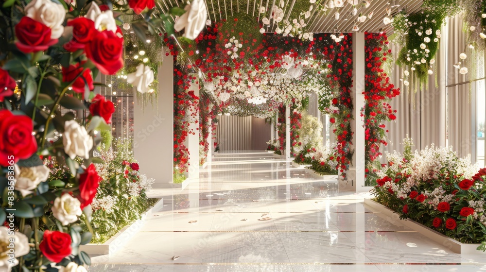 Fototapeta premium A modern event space decorated with large floral arrangements hanging from the cieling and all around the space