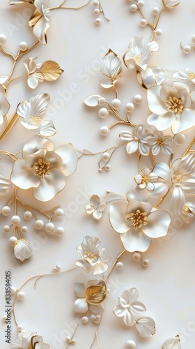 Elegant White and Gold Floral 3D Wall Art. White and Gold on Pure Background.  © Absent Satu