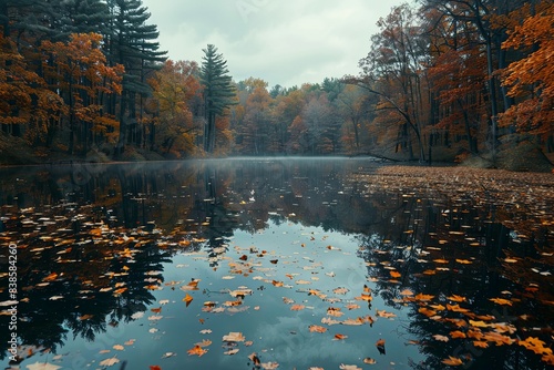 A serene lake reflecting the colors of fall