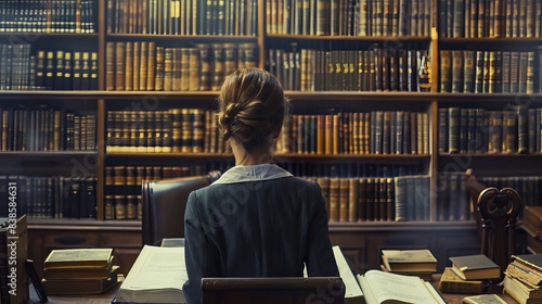 Woman working in a library with an image of a book Museum Librarian Curator Wide image for banners advertisements photo