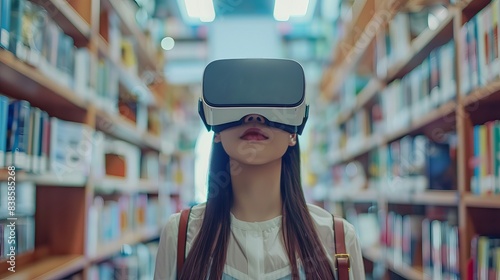Wallpaper Mural Young girl experiencing VR headset using augmented reality glasses in a library Torontodigital.ca
