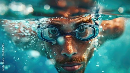 An underwater of a swimmer at a championship competition in the pool photo