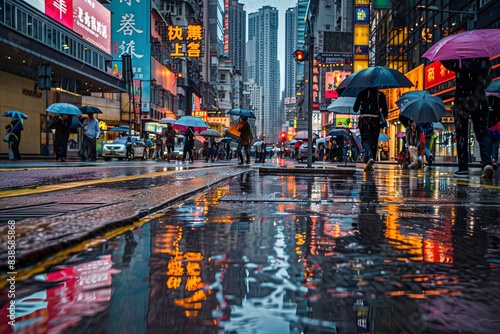 Wallpaper Mural Rain-soaked street in Hong Kong with pedestrians Torontodigital.ca