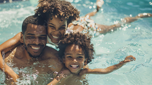 Joyful family enjoying swimming and playing together in a vibrant blue pool photo