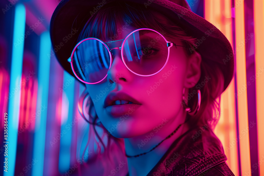 A girl retro style colorful neon lights A girl retro style colorful neon lights