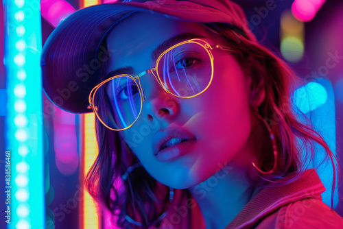 A girl retro style colorful neon lights