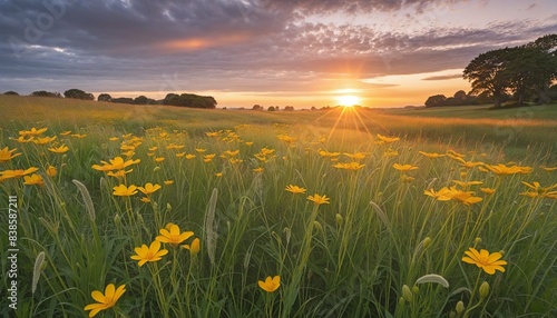 wonderful meadow landscape with yellow flowers and magical sunshine