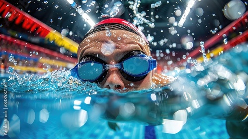 An underwater of a swimmer at a championship competition in the pool