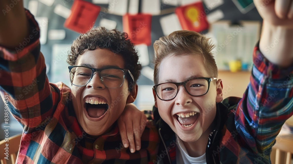 Young happy man with Down syndrome with his mentoring friend celebrating success indoors at school. Young happy man with Down syndrome with his mentoring friend celebrating success indoors at school.