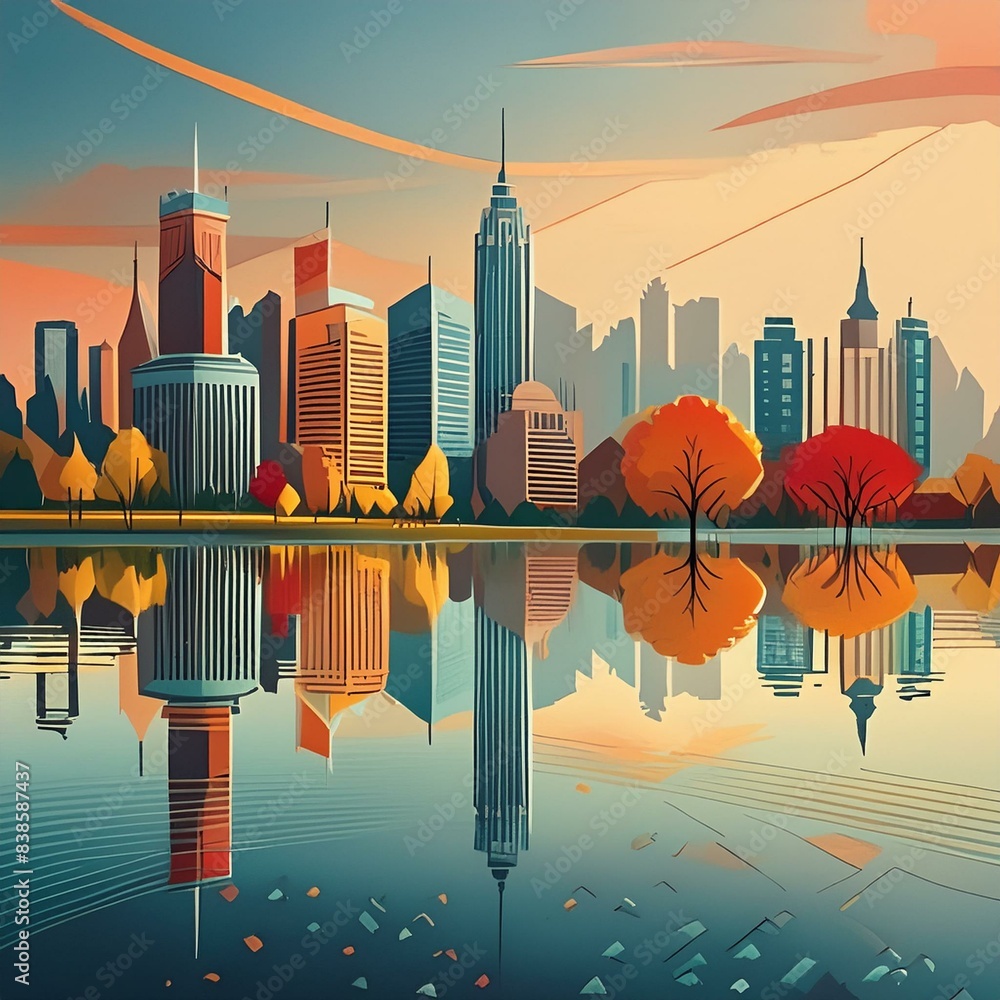 Obraz premium A city skyline is reflected in a body of water