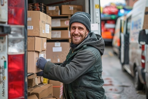 A man wearing a hat and a green jacket is smiling as he lifts boxes out of a truck