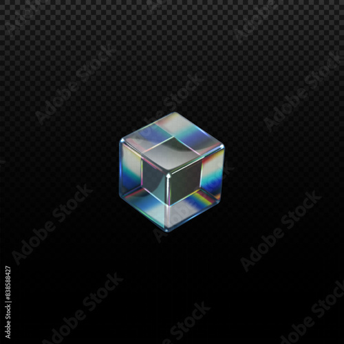 3D transparent glossy crystal glass cube with holographic dispersion effect, vector rainbow colors reflection, isometric