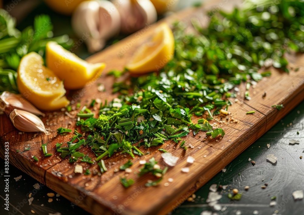Macro shot of fresh herbs being finely chopped on a wooden board, with garlic cloves and lemon wedges nearby, captured in bright natural lighting Macro shot of fresh herbs being finely chopped on a wooden board, with garlic cloves and lemon wedges nearby, captured in bright natural lighting