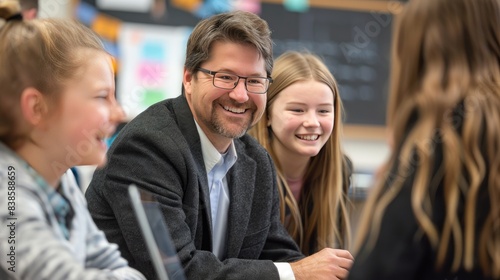 A man is smiling at a group of children. The man is wearing a suit and tie