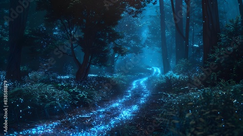 Bioluminescent forest pathway, lighting up with natural glow from flora and fauna during a mystical night