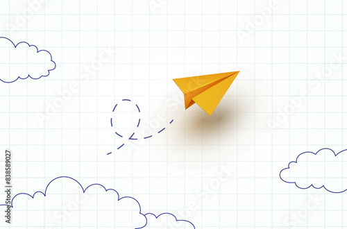 School notebook background. 3d flying yellow paper airplane. Vector cartoon children plane in air