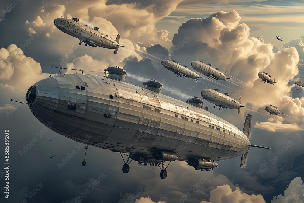 Obraz premium A large, armed zeppelin flies with other airships through cloudy skies