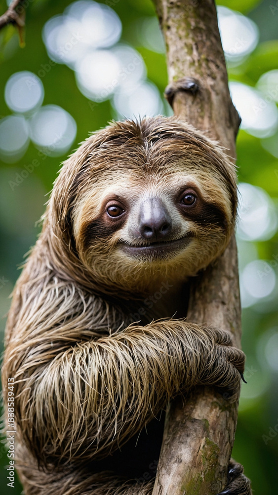 Funny sloth hanging on tree branch, cute face look, perfect portrait of wild animal in the Rainforest Funny sloth hanging on tree branch, cute face look, perfect portrait of wild animal in the Rainforest